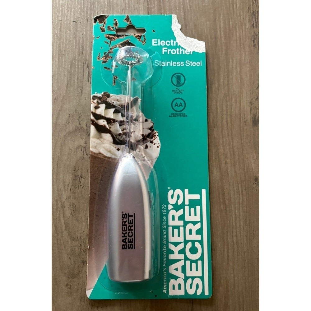 NEW Baker's Secret Electric Milk Frother Stainless Steel Handheld Silver BS40751